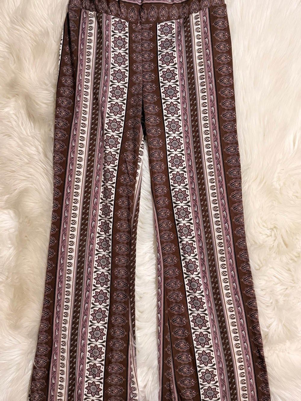 shosho Brown, White & Mauve Striped Floral Wide Leg Pants